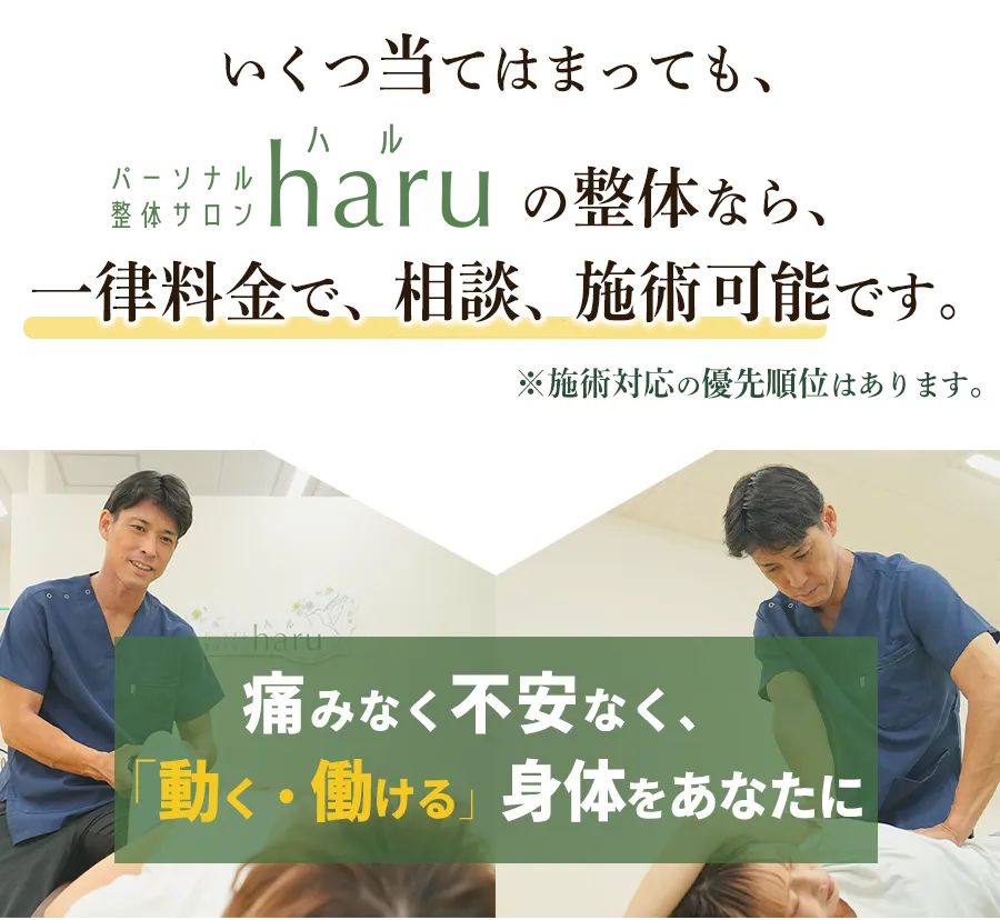 いくつ当てはまってもパーソナル整体サロンharuの整体なら一律料金で相談、施術可能です。